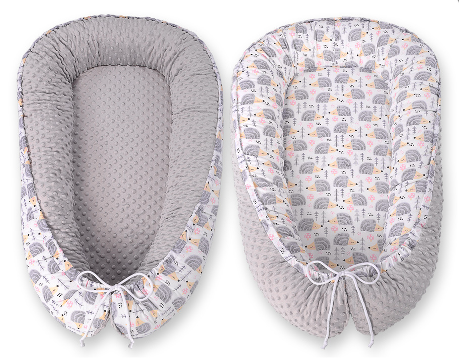 Double-sided baby nest Cocoon with minky – gray hedgehogs