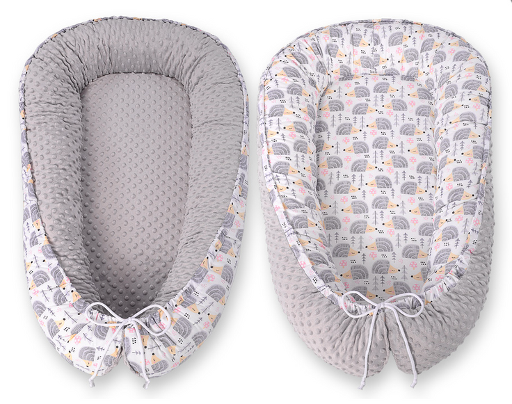 Double-sided baby nest Cocoon with minky – gray hedgehogs