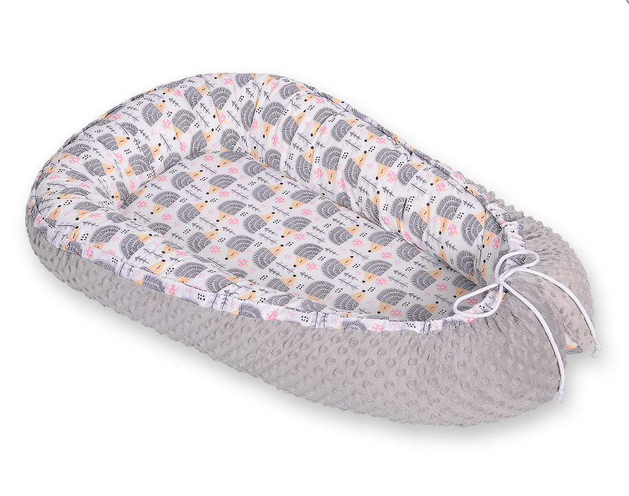 Double-sided baby nest Cocoon with minky – gray hedgehogs