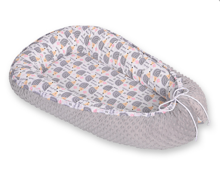 Double-sided baby nest Cocoon with minky – gray hedgehogs