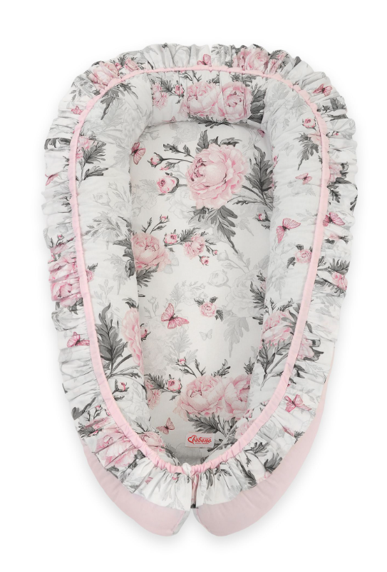 Cocon baby nest with a ruffle – romantic peonies