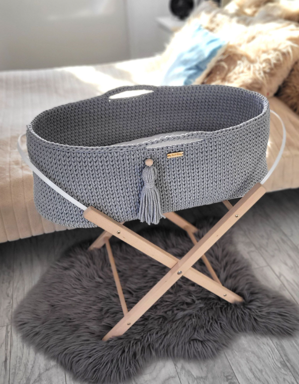 Mojzesova košara BOHO z vzmetnico – temno siva