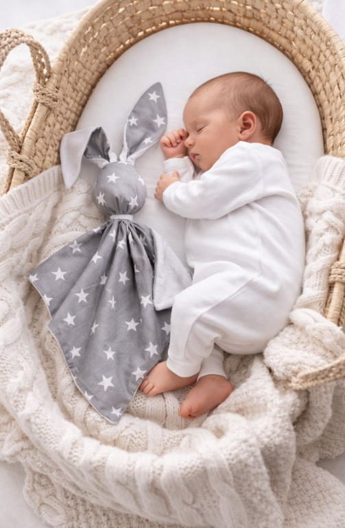 Double-sided bunny security blanket – white stars and grey