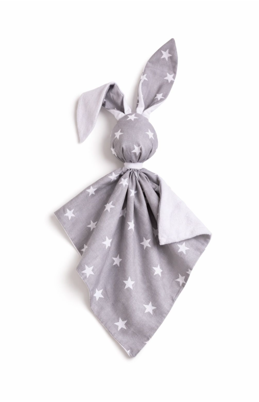 Double-sided bunny security blanket – white stars and grey