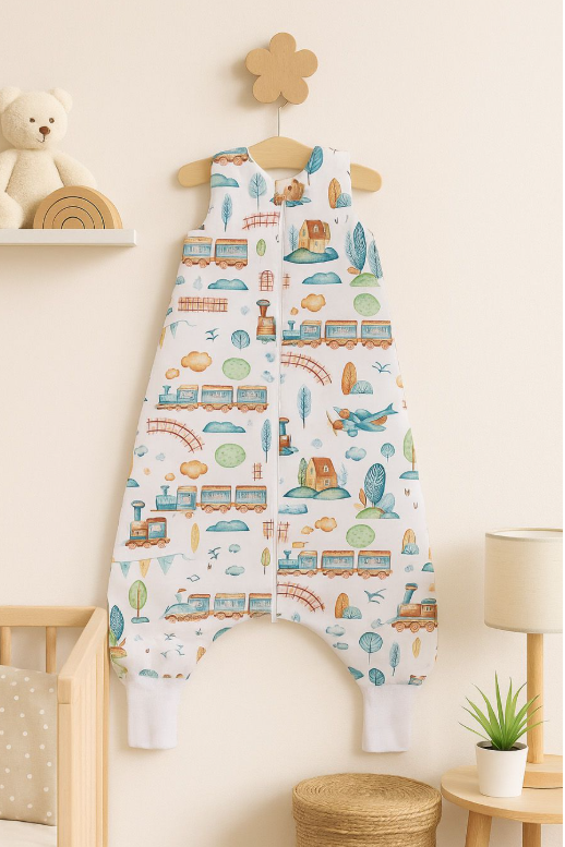 Sleeping bag with feet 9–24 months – turquoise train