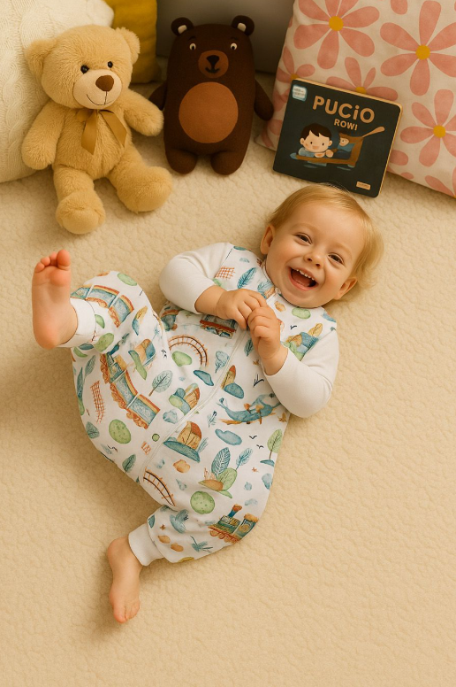 Sleeping bag with feet 9–24 months – turquoise train