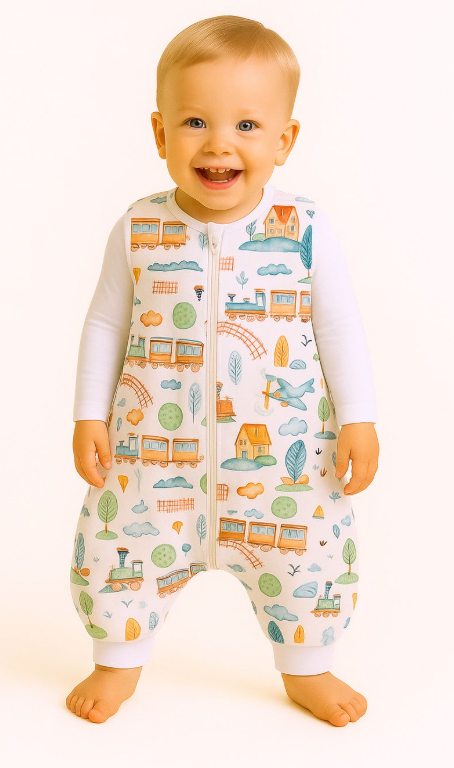 Sleeping bag with feet 9–24 months – turquoise train