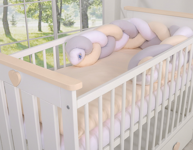 Braided crib bumper 180 cm – white, grey, and beige
