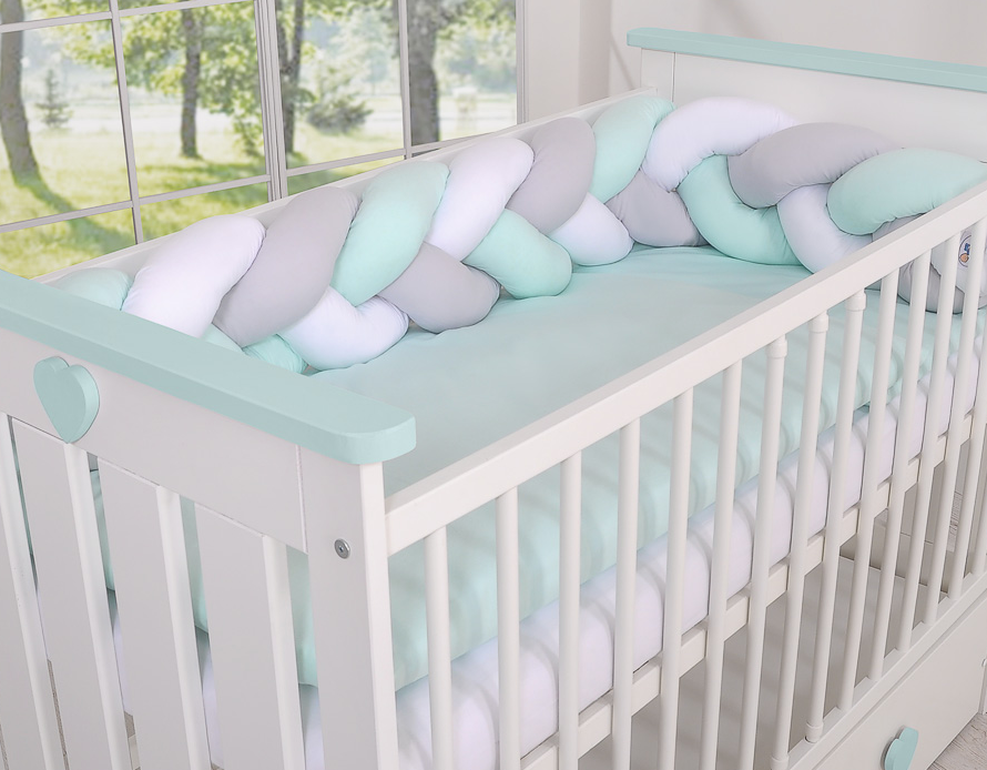 Braided crib bumper 180 cm – white, gray, and mint