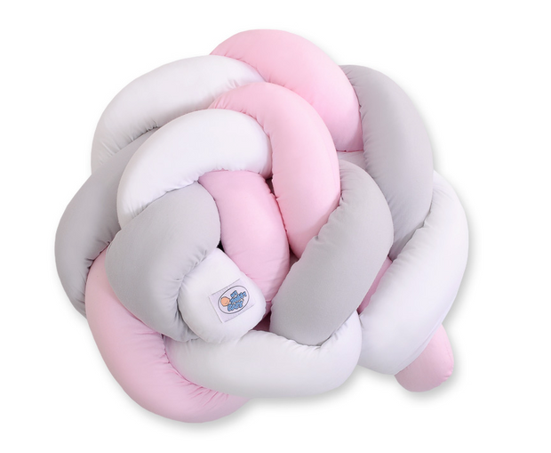 Knotted crib bumper 180 cm – white, gray and pink