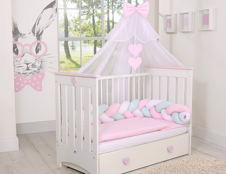 Knotted crib bumper 180 cm – white, pink, and mint