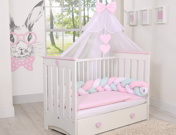 Knotted crib bumper 180 cm – white, pink, and mint