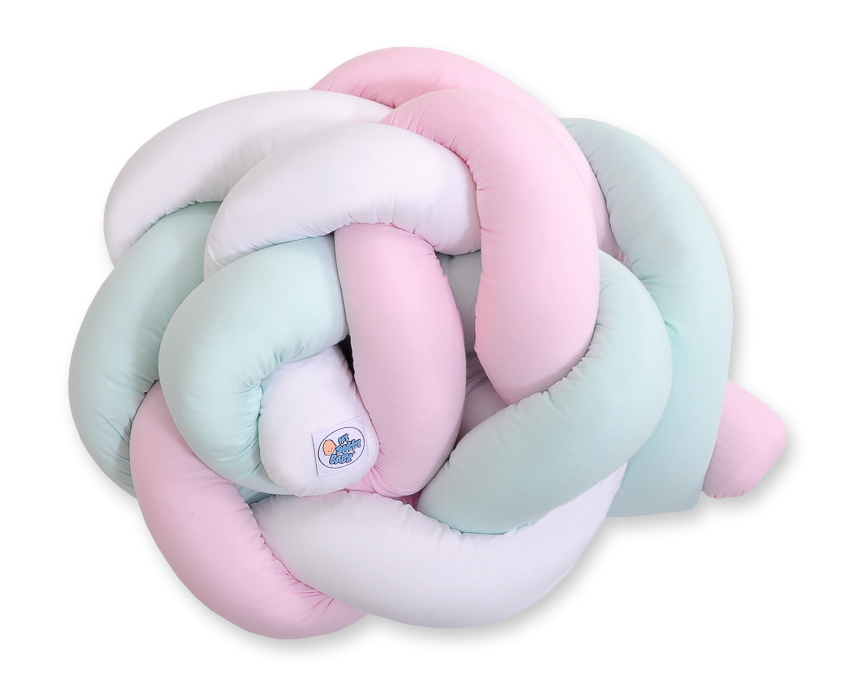 Knotted crib bumper 180 cm – white, pink, and mint