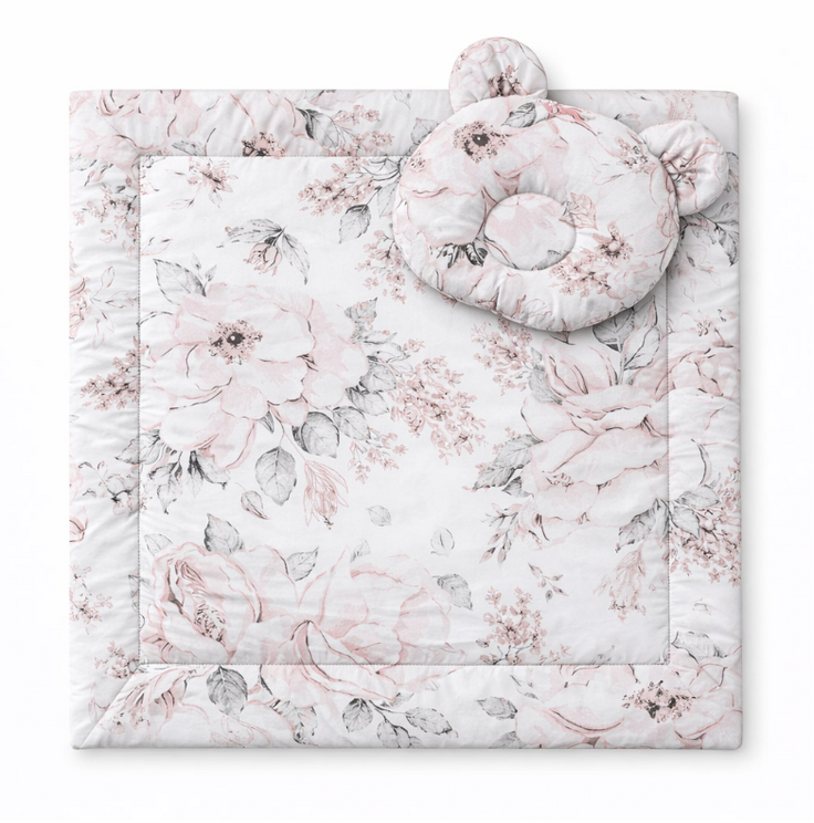 Teddy bear blanket and pillow – sepia flowers