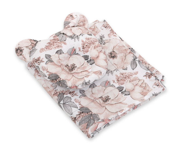 Teddy bear blanket and pillow – sepia flowers