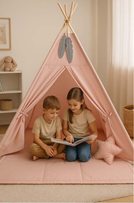 Teepee play tent with mat and cushions – pastel pink