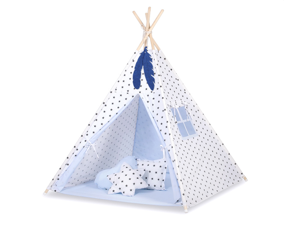 Teepee play tent with mat and cushions – blue with stars