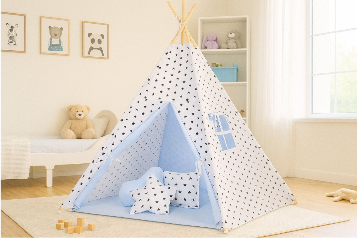 Teepee play tent with mat and cushions – blue with stars