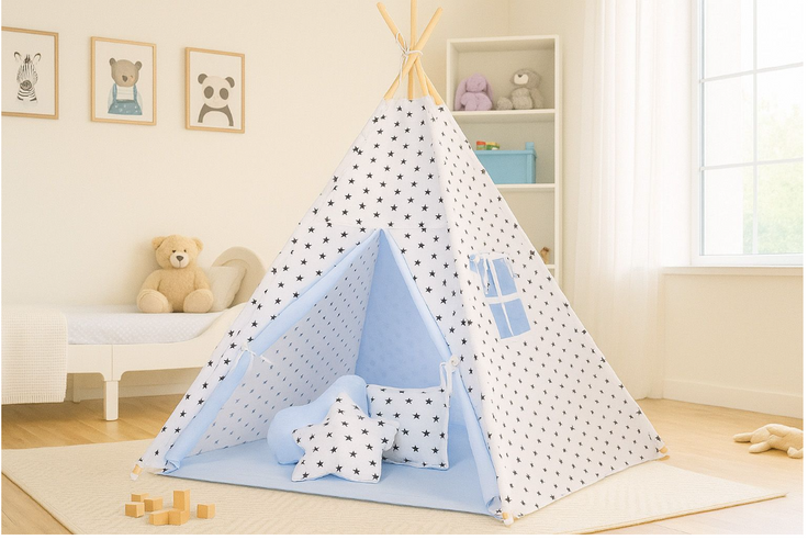 Teepee play tent with mat and cushions – blue with stars