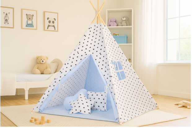 Igralni šotor tipi s podlogo in blazinami – modra z zvezdicami