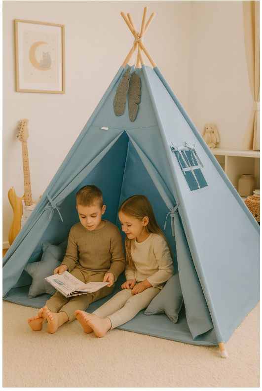 Teepee play tent with feathers – blue