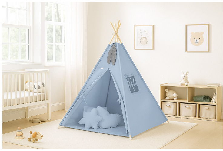 Teepee play tent with feathers – blue